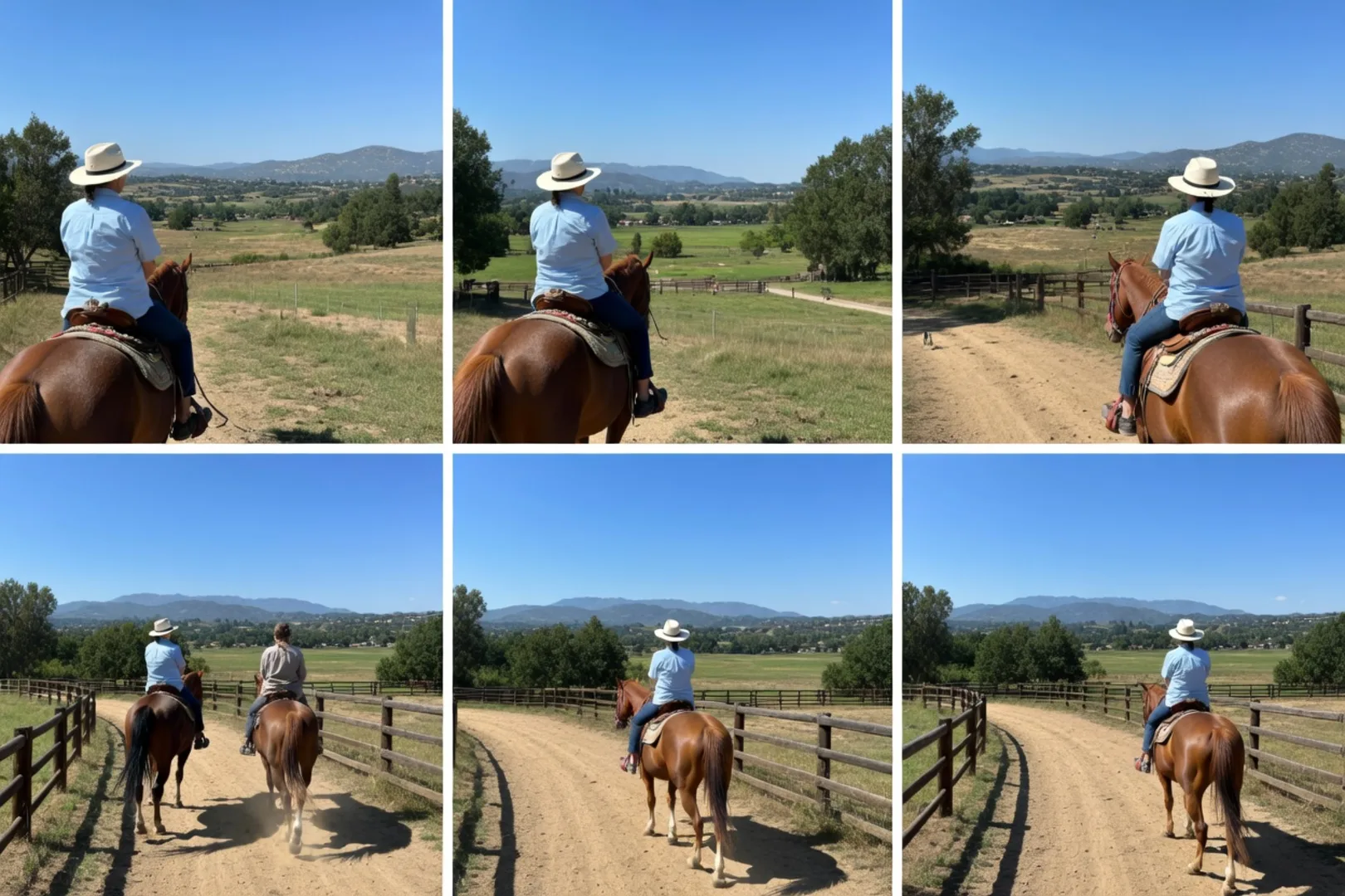 Six-panel composite of a rider in a white sun hat on a chestnut horse moving through Temecula Valley horse-property settings: open pastures, fenced trails, and rolling foothills