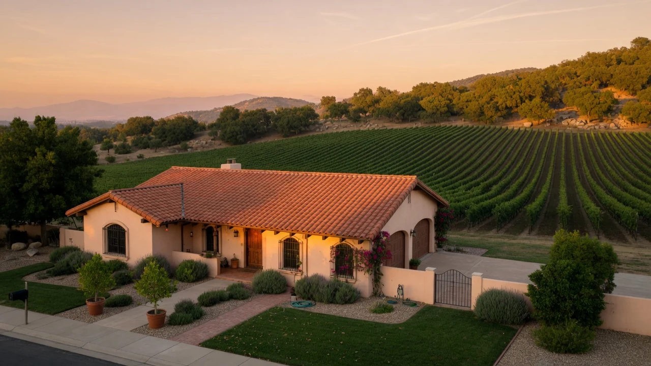 Spanish-style ranch home with terracotta tile roof on the Temecula valley floor at golden hour, oak foothills and vineyard rows behind, Temecula CA