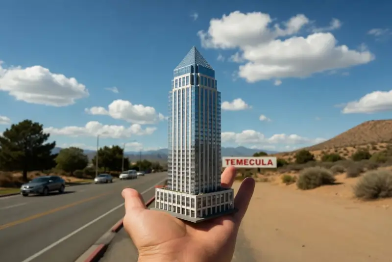 Miniature glass office tower held in a hand on the edge of a Temecula roadway, the Temecula city sign visible in the background