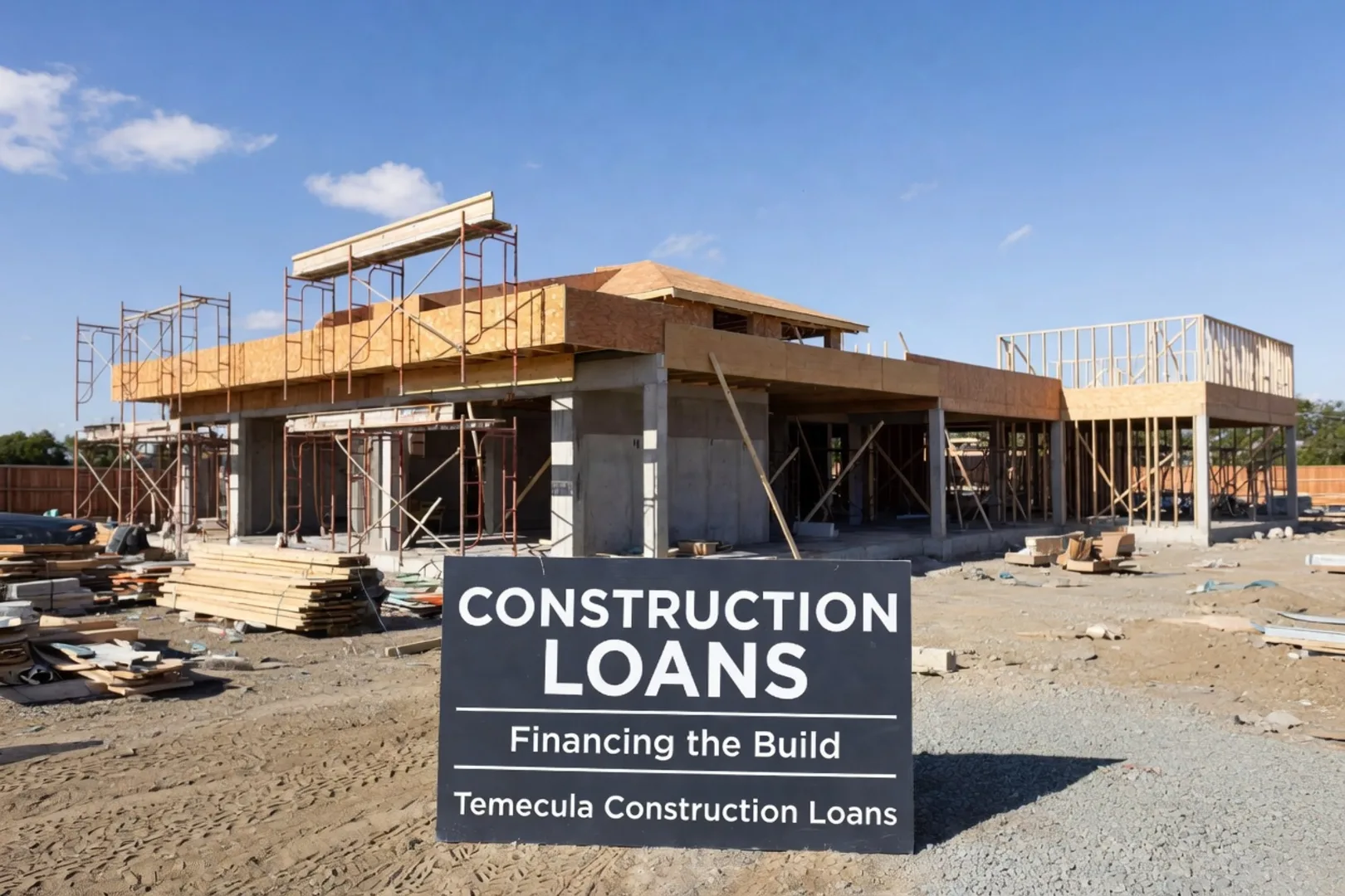 Wood-framed home under construction in Temecula with scaffolding around a partially built second story and a black sign in the foreground reading Construction Loans Financing the Build