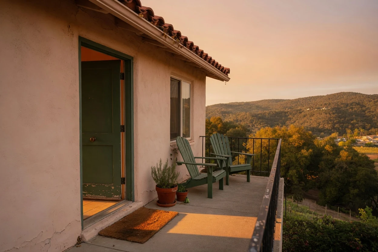 Front porch with door ajar and warm light spilling out, Temecula CA