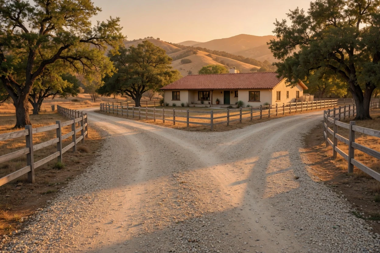 Gravel driveway forking beside a ranch house at golden hour, Temecula CA