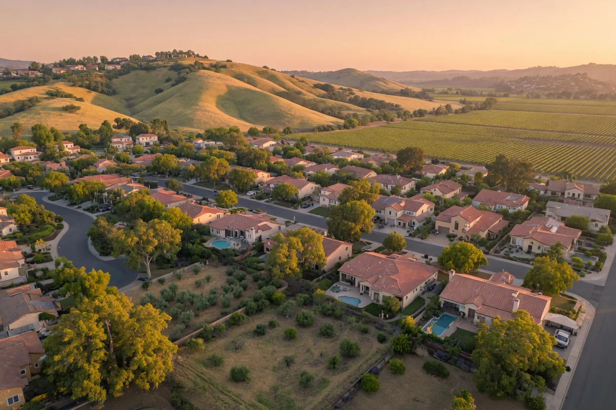 Golden-hour aerial of a Temecula neighborhood with tile roofs among oaks, Temecula CA