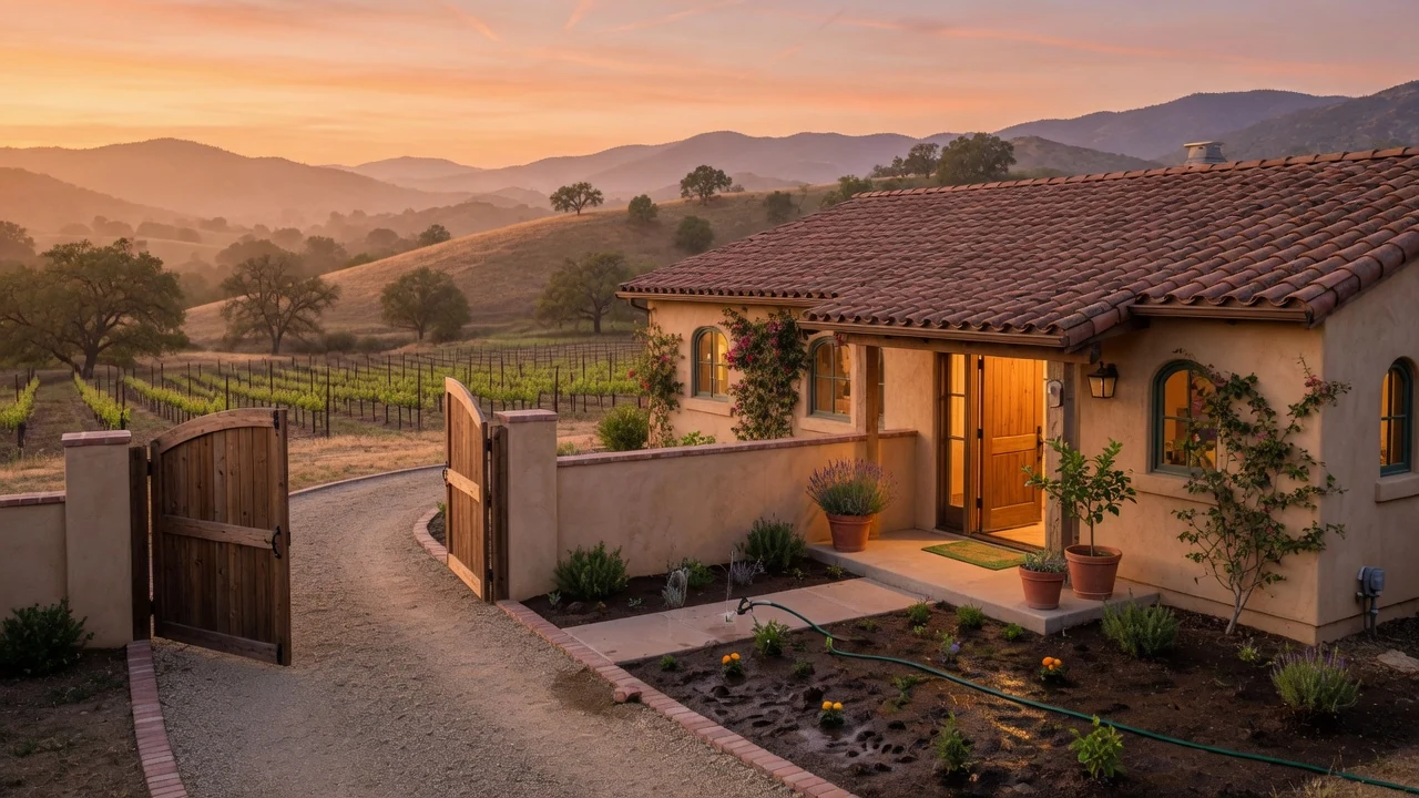 Golden-hour Spanish-style ranch home with open gate and glowing doorway, Temecula CA