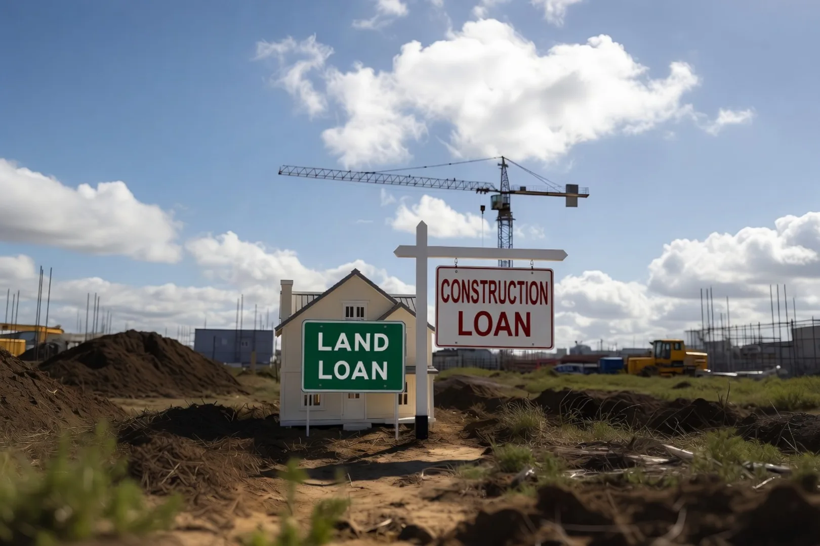Two side-by-side signs labeled Land Loan and Construction Loan in front of a Temecula building site with a tower crane and dirt mounds under a partly cloudy sky