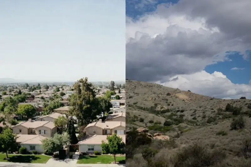 Side-by-side composite of Southwest Riverside County: tile-roofed suburban homes on the left, wild chaparral hillside under cloudy skies on the right