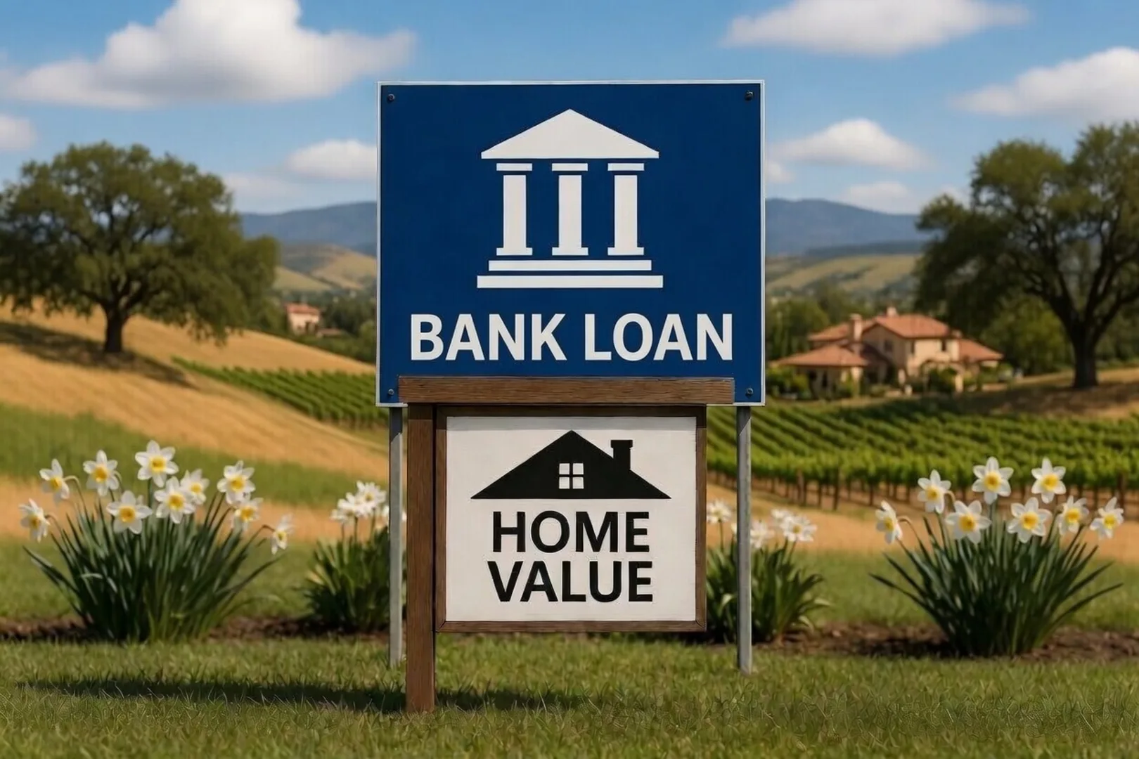 Stylized Bank Loan and Home Value yard signs in front of Temecula vineyard hills
