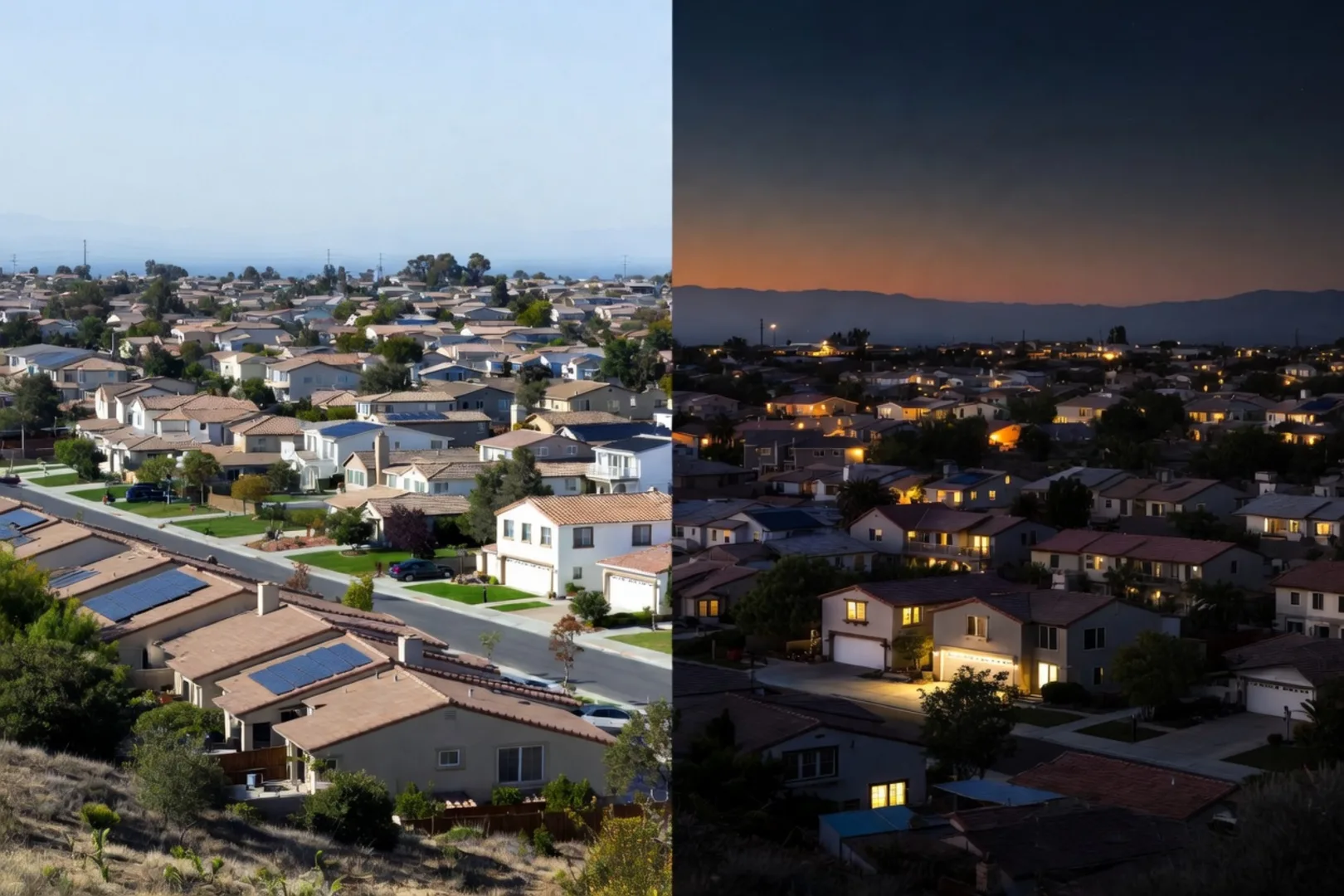 Side-by-side composite of the same Temecula hillside neighborhood, sunny midday on the left and golden-hour dusk on the right with porch lights glowing