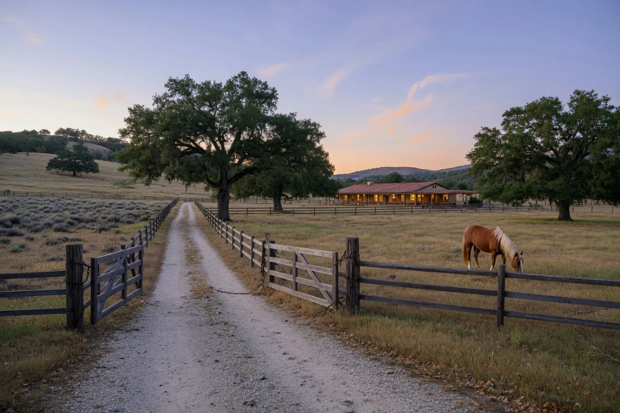 Twilight view of an open ranch gate and gravel drive leading past oaks to a pasture with a grazing horse on the Santa Rosa Plateau, La Cresta near Temecula CA