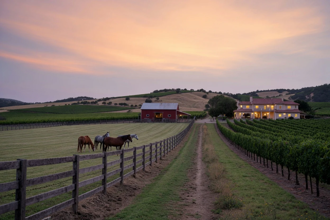 Twilight view of horses grazing behind split-rail fencing beside vineyard rows along the De Portola wine country corridor, Temecula CA