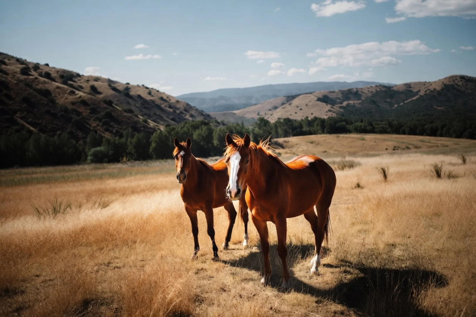 Two chestnut horses standing in golden grass, Temecula Valley foothills rolling behind them under a blue sky