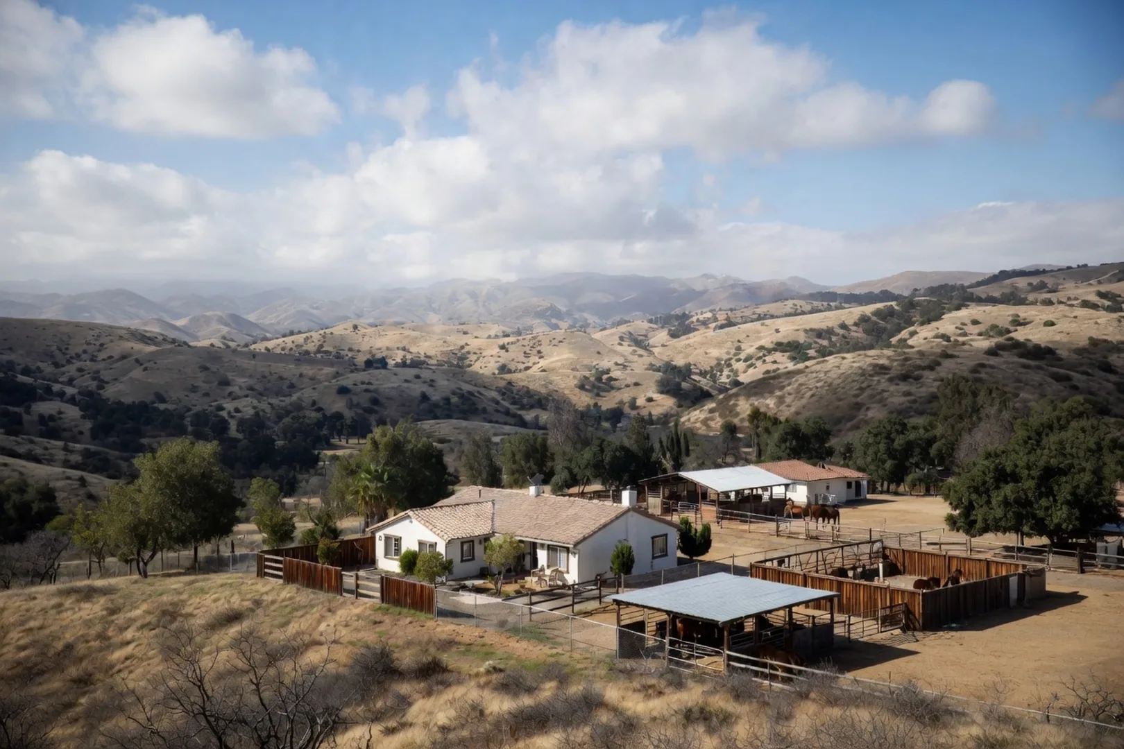 Spanish-style ranch house with horse stables and corrals, fenced paddocks holding chestnut horses, rolling Temecula foothills under big cumulus clouds in the distance