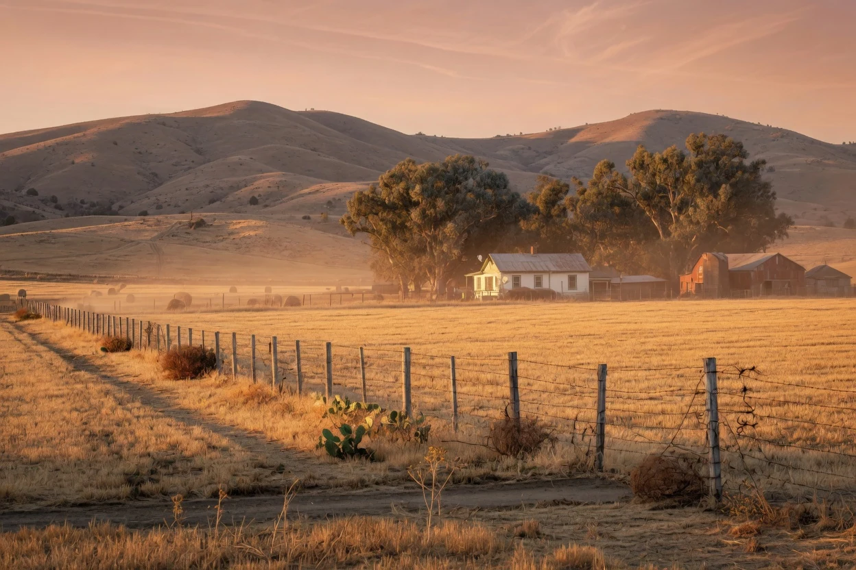 Golden hour over hay fields and a farmhouse in rural inland Riverside County near Winchester, Temecula CA area