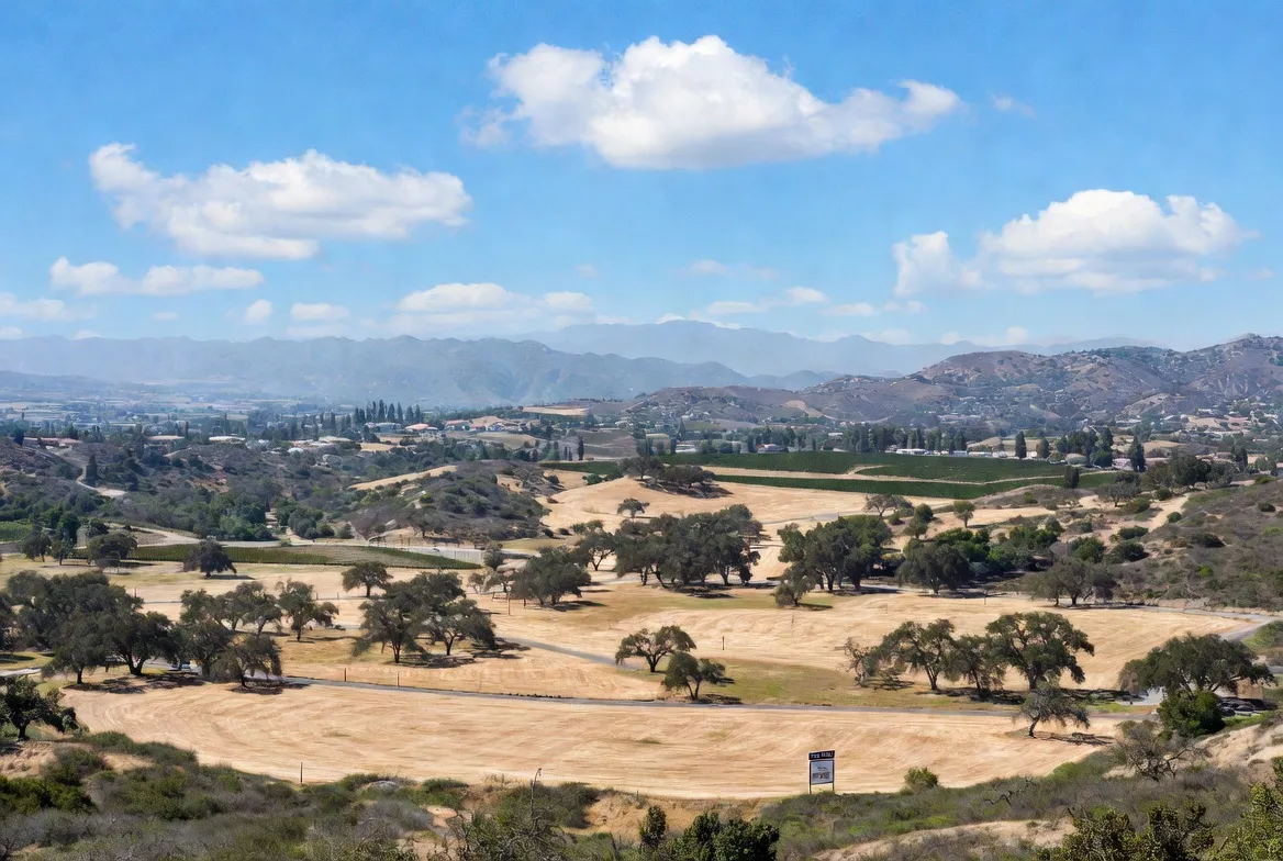 Sunset over Temecula Valley with rolling hills, scattered oak trees, a vineyard, and a blank real estate sign in the foreground